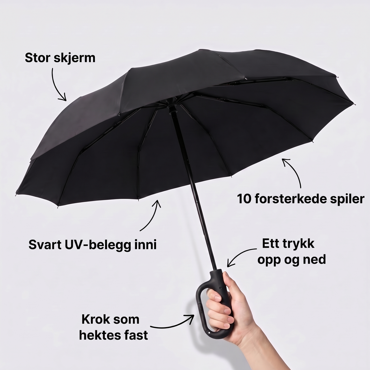 Funksjoner: stor skjerm, 10 forsterkede spiler, UV-beskyttelse, ett trykk, krokhåndtak