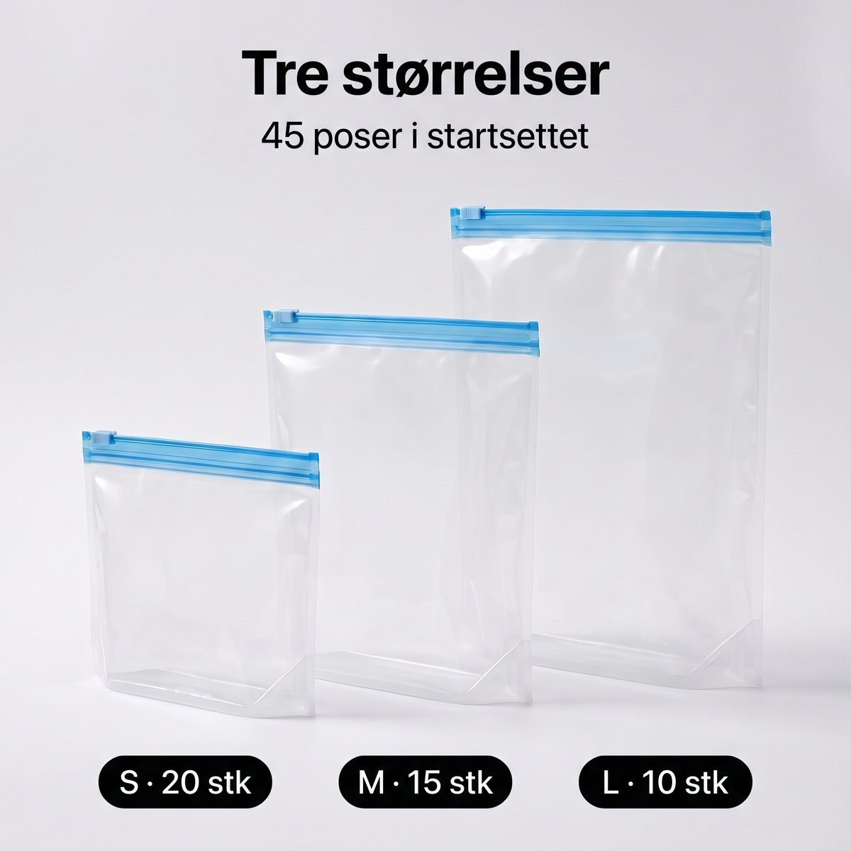 Tre størrelser: 20 små, 15 mellomstore og 10 store i startsettet