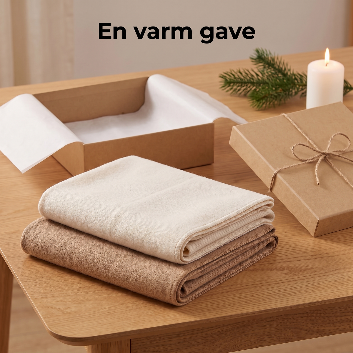 Ponchosjalet brettet ved siden av en gaveeske