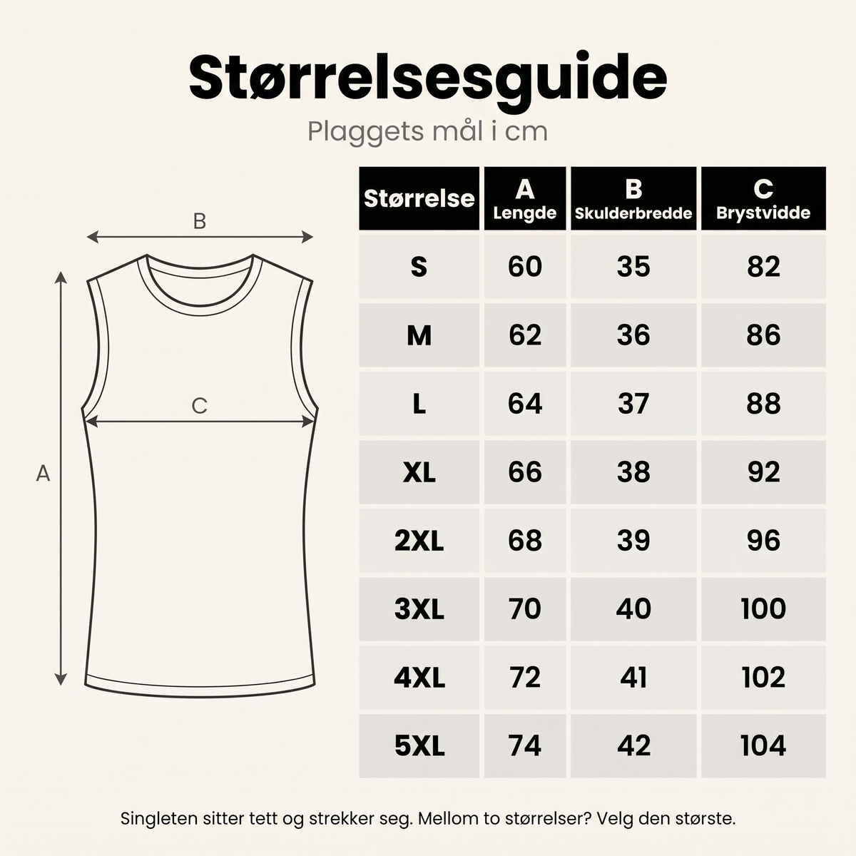 Størrelsesguide i cm: lengde, skulderbredde og brystvidde, S til 5XL