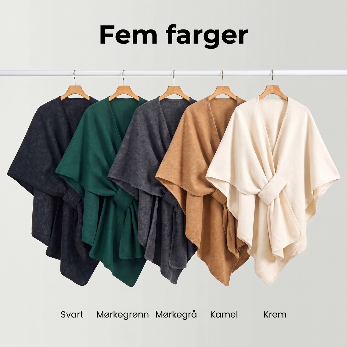 Fem farger: svart, mørkegrønn, mørkegrå, kamel og krem